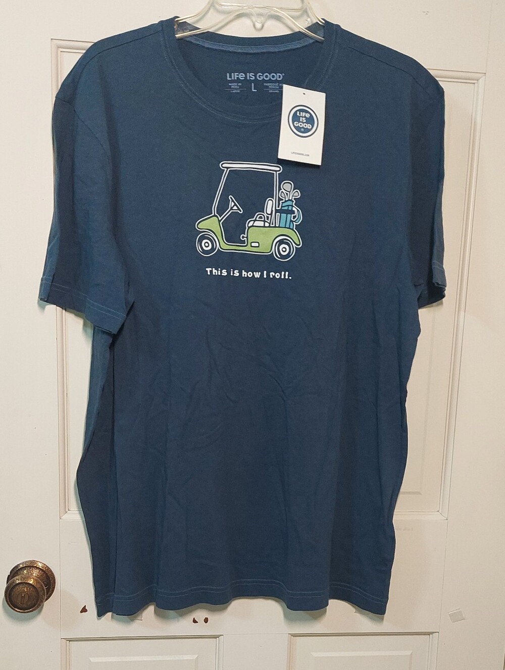 NWT Life Is Good Navy Tee with Green Golf Cart Print, Size L